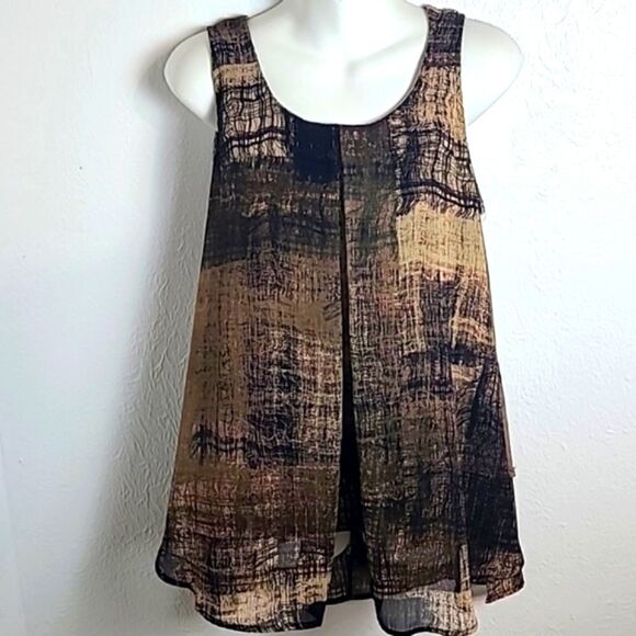 Dressbarn Sleeveless Cami with Sheer Overlay Panels, Brown Black, Tan, Sz Medium - Picture 1 of 9